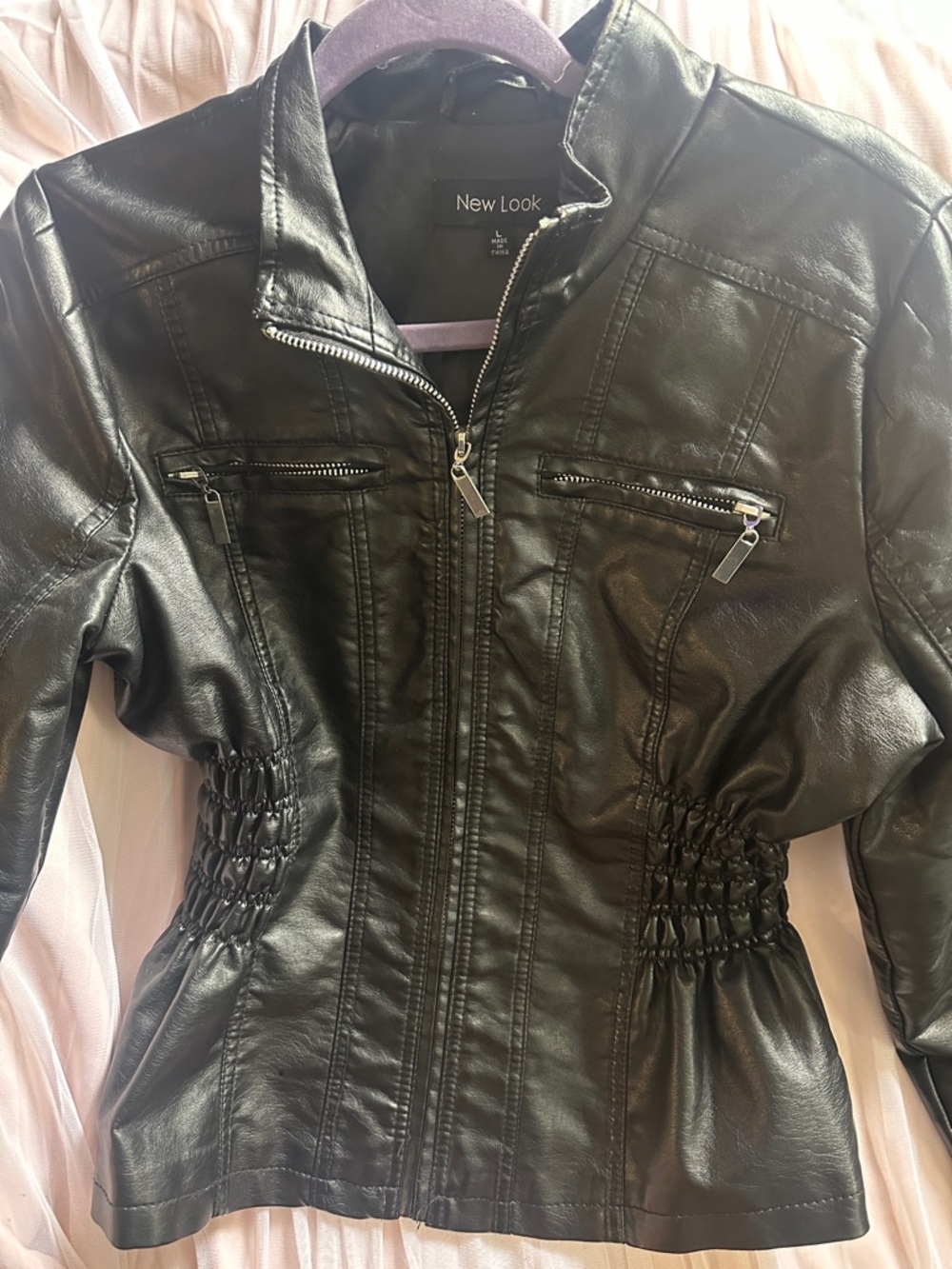 New Look Black Faux Leather Cinched Waist Zip Jacket